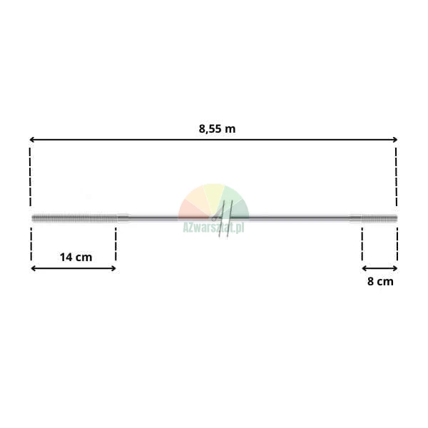 Schématický nákres kovové tyče o celkové délce 8,55 m s koncovými závity o délkách 14 cm a 8 cm.