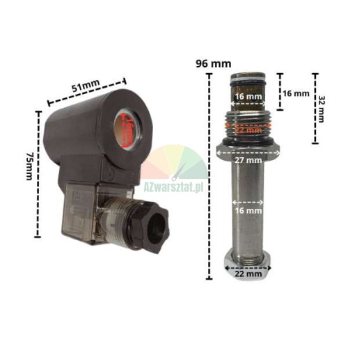 Elektromagnetická cívka 16mm / 24V DC se spouštěcím ventilem a technickými rozměry