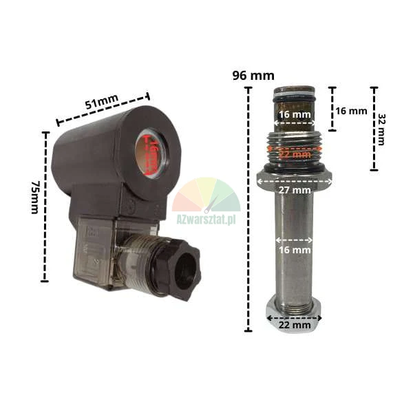 Elektromagnetická cívka 16mm / 24V DC se spouštěcím ventilem a technickými rozměry