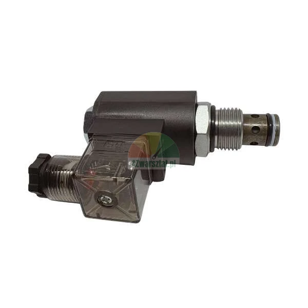 Hydraulický patronový elektromagnetický ventil s cívkou a konektorem na bílém pozadí.