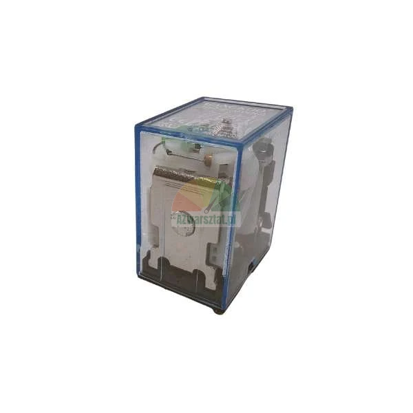 Elektromagnetické relé v průhledném pouzdře s modrým rámem.