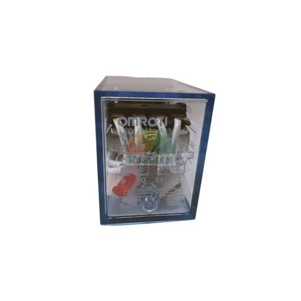 Elektromagnetické relé Omron MY4N v průhledném modrém pouzdře s viditelnými vnitřními součástmi.