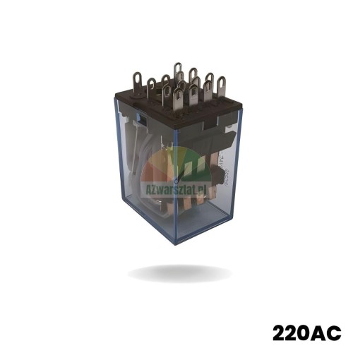 Pomocné / výkonové relé 220V AC v průhledném pouzdře s viditelným vnitřním mechanismem a připojovacími kolíky.