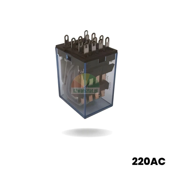 Pomocné / výkonové relé 220V AC v průhledném pouzdře s viditelným vnitřním mechanismem a připojovacími kolíky.
