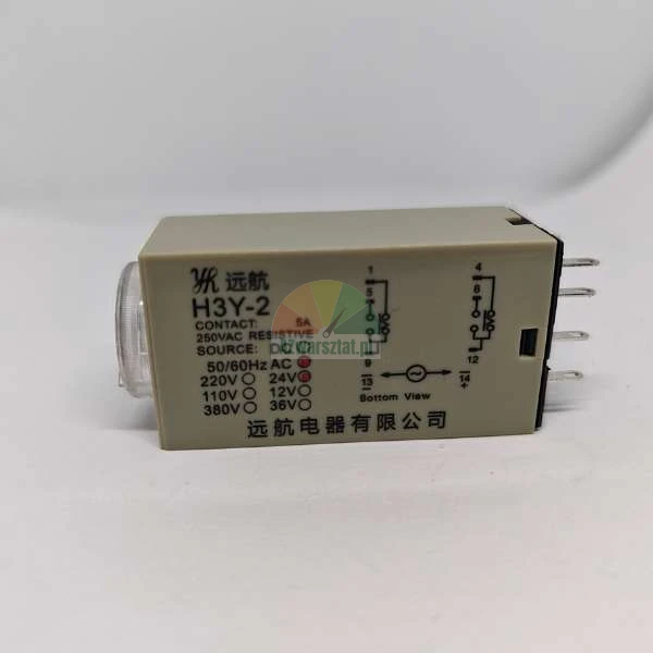 Elektronické časové relé H3Y-2, 5A 250VAC, béžové pouzdro se schématem zapojení.