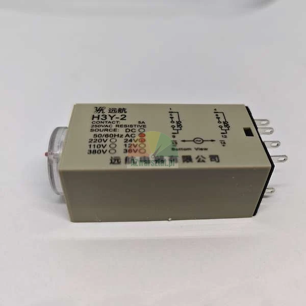 Časové relé H3Y-2 s kontakty 5A 250VAC a napájením 24V DC, se schématem zapojení a montážními kolíky.