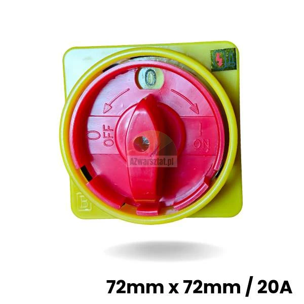 Hlavní vypínač červeno-žlutý 7,2cm x 7,2cm 20A s otočným knoflíkem v poloze OFF