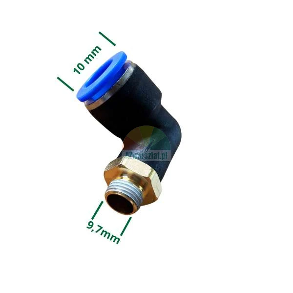 Úhlová spojka typu L, závit 9,7mm, nástrčný konektor 10mm