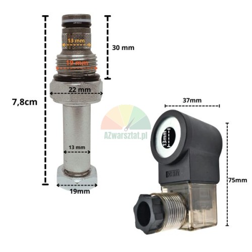 Spouštěcí ventil 19mm závit s magnetickou cívkou 24V DC a rozměry
