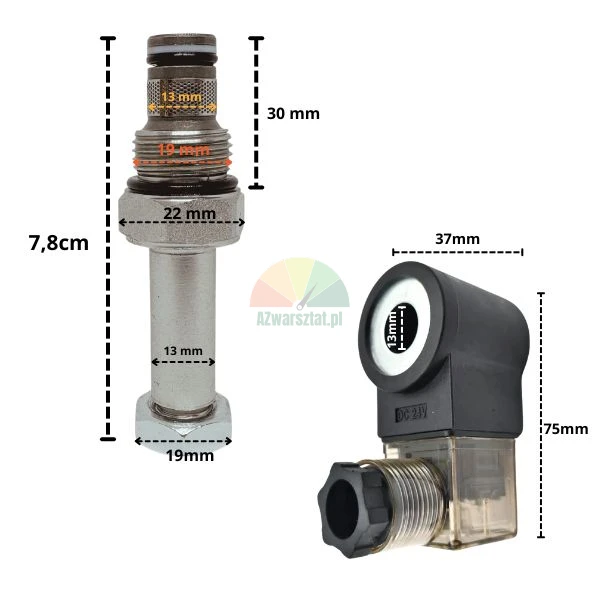 Spouštěcí ventil 19mm závit s magnetickou cívkou 24V DC a rozměry