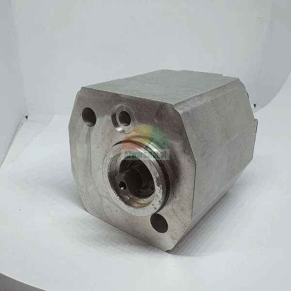 Průmyslové hydraulické čerpadlo nebo motor v kovovém pouzdře s viditelným hřídelem a montážními otvory.