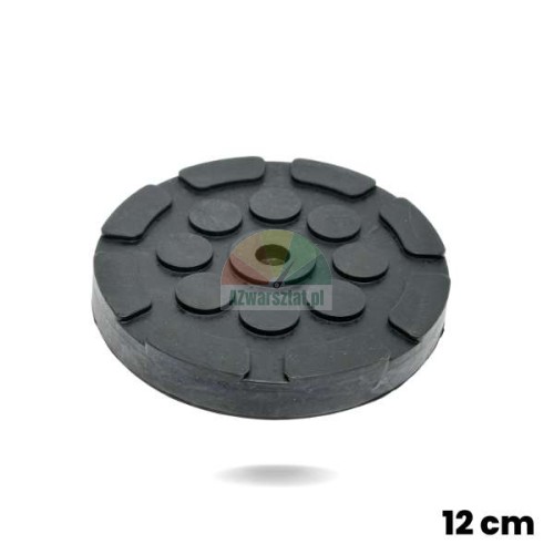 Kulatá černá gumová podložka pro zvedák o průměru 12cm s jedním otvorem a protiskluzovým povrchem.