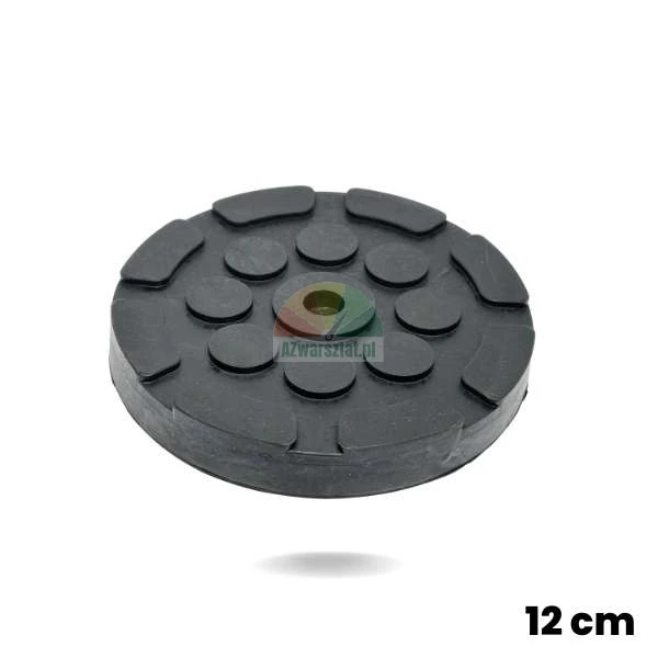 Kulatá černá gumová podložka pro zvedák o průměru 12cm s jedním otvorem a protiskluzovým povrchem.