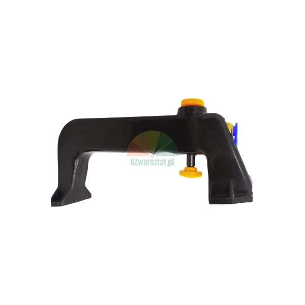 Černý plastový montážní díl se žlutými knoflíky a modrým detailem.