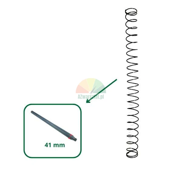 Dlouhá kovová pružina s výřezem zobrazujícím 41 mm součástku, na kterou ukazuje šipka.