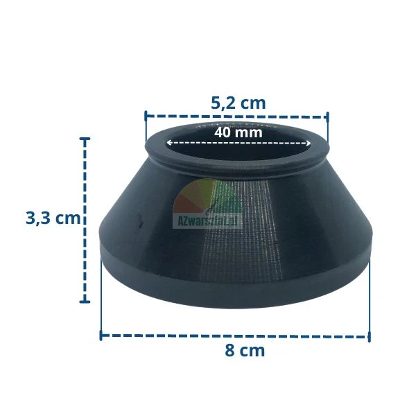 Černé kuželové gumové těsnění s rozměry: výška 3,3 cm, průměr základny 8 cm, horní průměr 5,2 cm a vnitřní otvor 40 mm.