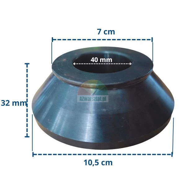 Černý kovový centrovací kužel o rozměrech: vnitřní průměr 40 mm, horní průměr 7 cm, spodní průměr 10,5 cm a výška 32 mm.