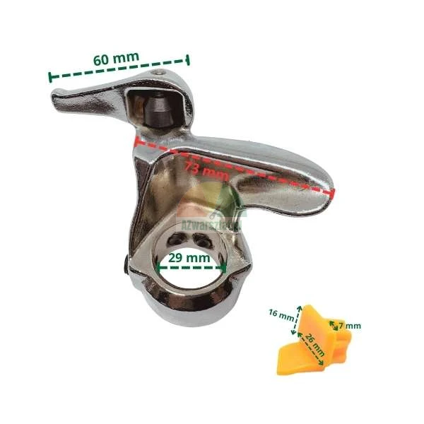 Kovová montážní hlava pro zouvačku pneumatik s rozměry 60 mm, 73 mm a 29 mm a žlutá ochranná vložka o rozměrech 16 mm, 26 mm a 7 mm.