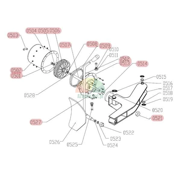 Rozložené schéma mechanických dílů s identifikačními čísly od 0501 do 0528.