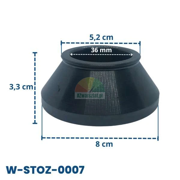 Černý gumový kužel o rozměrech: výška 3,3 cm, průměr základny 8 cm, horní průměr 5,2 cm a vnitřní otvor 36 mm, kód W-STOZ-0007