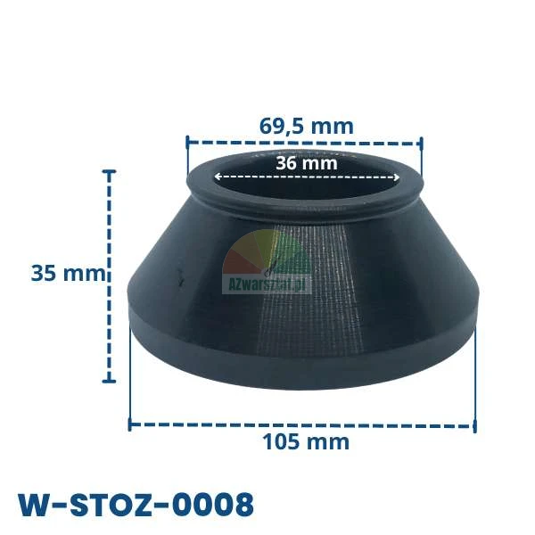 Centrovací kužel pro vyvažovačku kol W-STOZ-0008 s rozměry: vnitřní průměr 36 mm, výška 35 mm, horní průměr 69,5 mm a dolní průměr 105 mm.