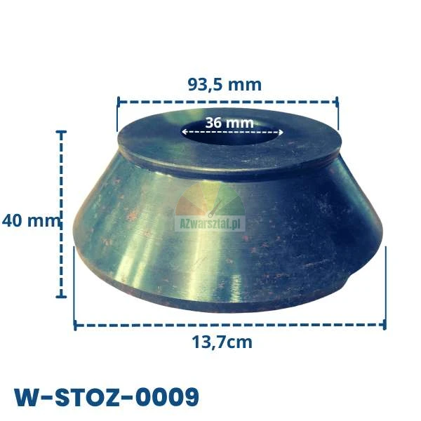 Kovový centrovací kužel pro vyvažovačku kol model W-STOZ-0009 s vyznačenými rozměry: základna 13,7 cm, horní část 93,5 mm, vnitřní otvor 36 mm a výška 40 mm.
