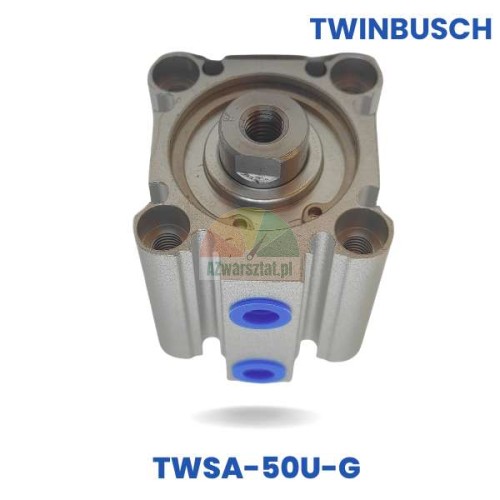Pneumatický válec TWSA-50U-G náhrada za Twin Busch, pohled shora na kovové tělo a modré připojovací porty.