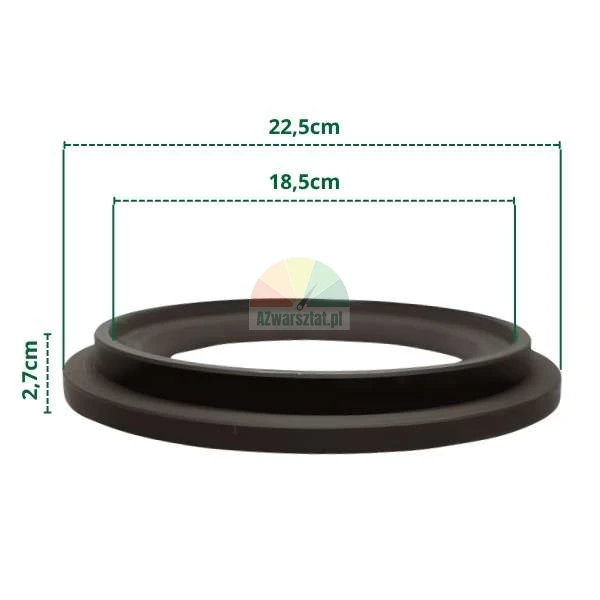 Černý kroužek s technickými rozměry: vnější průměr 22,5 cm, vnitřní průměr 18,5 cm a výška 2,7 cm.