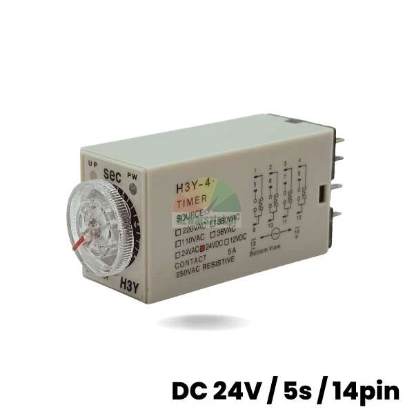 Časové relé H3Y-4 DC 24V 5s 14-pin s průhledným nastavovacím kolečkem a viditelným schématem zapojení