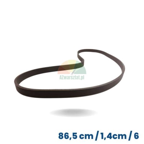 Černý hnací řemen pro vyvažovačku kol, délka 86,5 cm a šířka 1,4 cm, se 6 žebry a 5 drážkami.