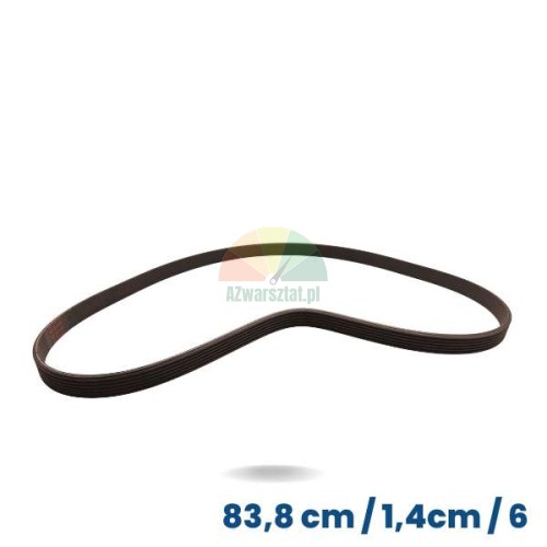 Černý hnací řemen pro vyvažovačku kol, délka 83,8 cm a šířka 1,4 cm se 6 žebry a 5 drážkami.