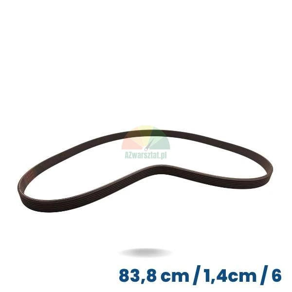 Černý hnací řemen pro vyvažovačku kol, délka 83,8 cm a šířka 1,4 cm se 6 žebry a 5 drážkami.