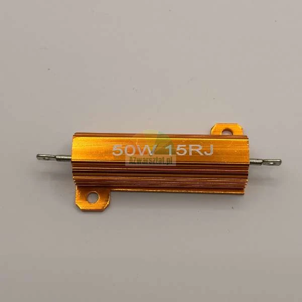 Zlatý výkonový odpor 50W 15 Ohm v hliníkovém pouzdře s chladičem.