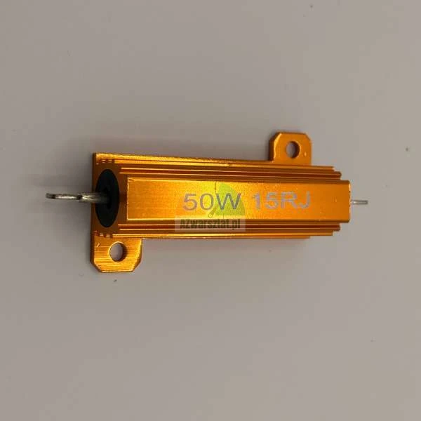 Zlaty vykonovy rezistor 50W 15 Ohm v hlinikovem pouzdre s montaznimi otvory.