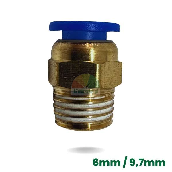 Mosazná pneumatická spojka pro hadici 6mm se závitem 9,7mm a modrou upínací objímkou