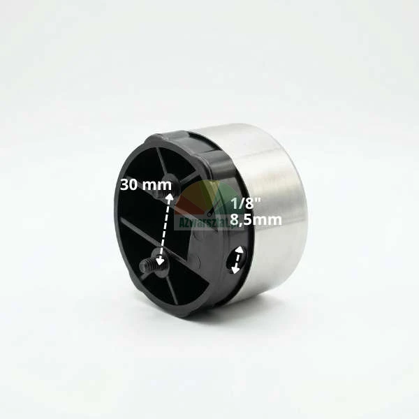 Kulatý nábytkový prvek s vyznačenou roztečí šroubů 30 mm a bočním otvorem 8,5 mm (1/8').