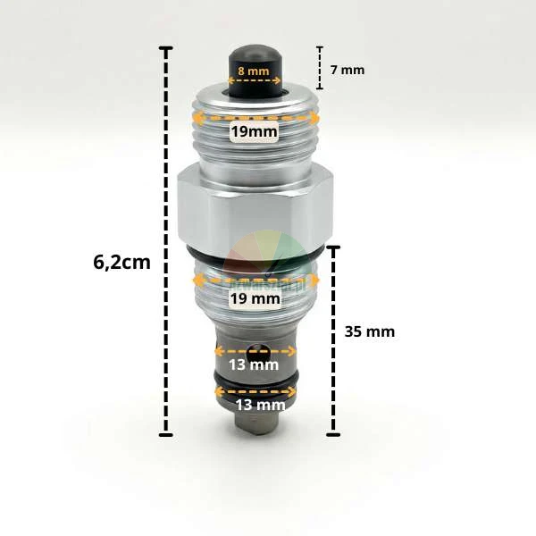 Pojistný zpětný ventil zvedáku 14mm / G19 s technickými rozměry