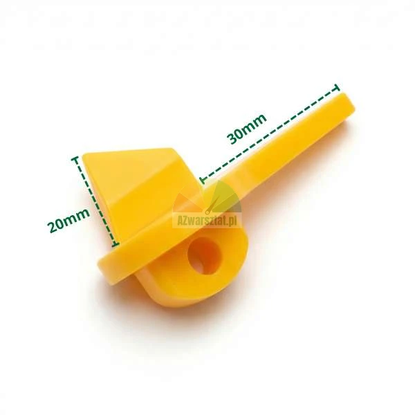 Žlutý plastový prvek zámku s vyznačenými rozměry 20 mm a 30 mm.