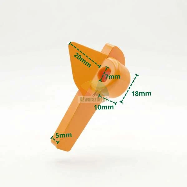 Oranžový plastový díl s vyznačenými rozměry: 20mm, 18mm, 10mm, 7mm a 5mm na bílém pozadí.
