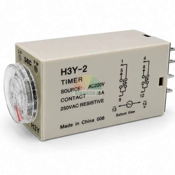 Časové relé H3Y-2 AC 220V s průhledným otočným voličem a schématem zapojení na boku.
