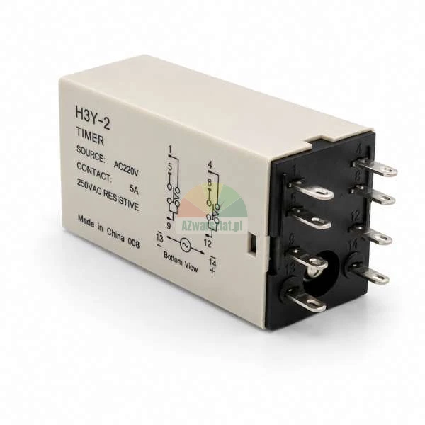 Časové relé H3Y-2 pro AC220V s diagramem zapojení na boku a 8 piny na zadní straně.