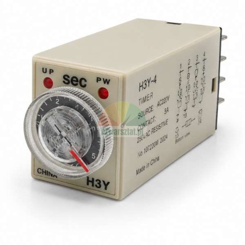 Časové relé H3Y-4, 220V AC, rozsah 5 sekund, 14 pinů, s otočným knoflíkem a LED indikátory.