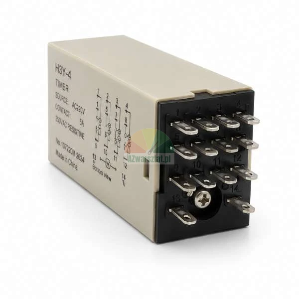 Elektronické časové relé H3Y-4 se 14 kovovými kolíky a schématem zapojení na boku, AC 220V.