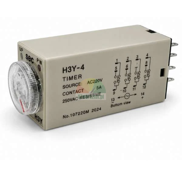 Časové relé H3Y-4 s průhledným nastavitelným otočným knoflíkem, napájením AC 220V a schématem zapojení na těle přístroje.