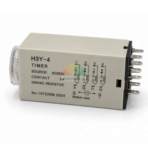 Elektronické časové relé H3Y-4 s napájením 220V AC, schématem zapojení, regulačním kolečkem a připojovacími kolíky na bílém pozadí.