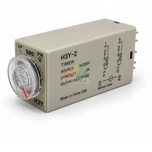 Časové relé H3Y-2 AC 220V 10s 8 PIN s regulačním knoflíkem a schématem na krytu.