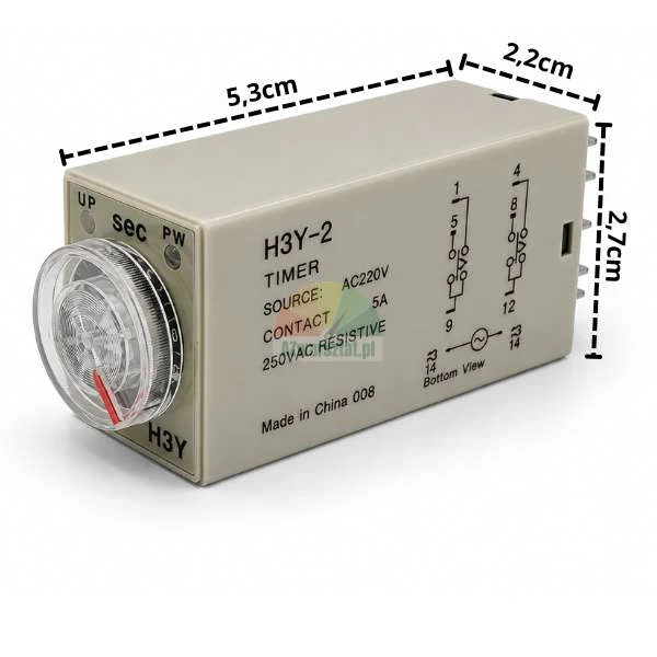 Časové relé H3Y-2 AC 220V, 10s, 8 PIN, rozměry 5,3x2,2x2,7cm