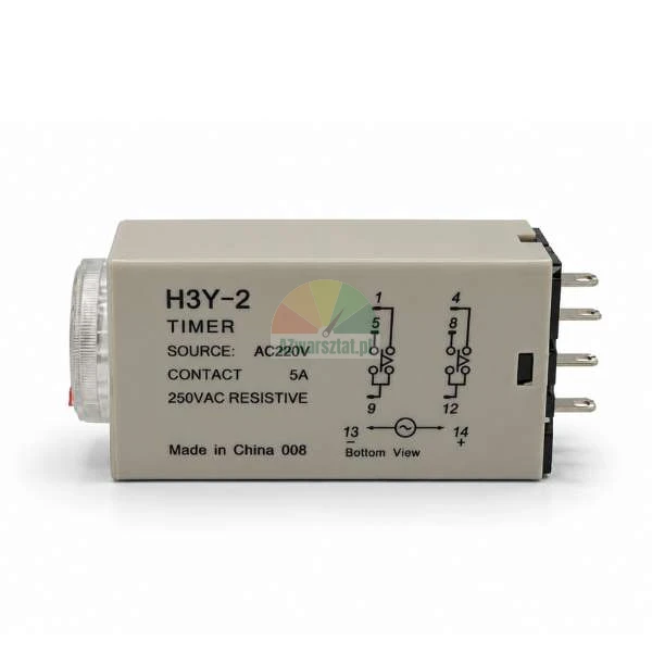 Časové relé H3Y-2, napájení 220V AC, kontakt 5A, boční pohled se schématem zapojení.