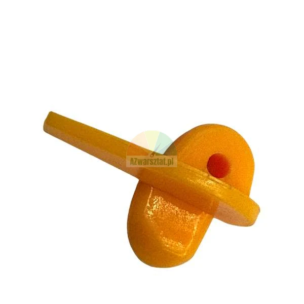 Oranžový plastový upevňovací prvek ve tvaru T s otvorem na bílém pozadí.