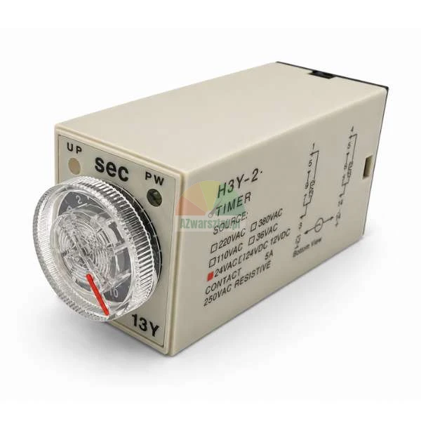 Časové relé H3Y-2 AC 24V s otočným ovladačem pro nastavení do 10 sekund a schématem zapojení na boku.